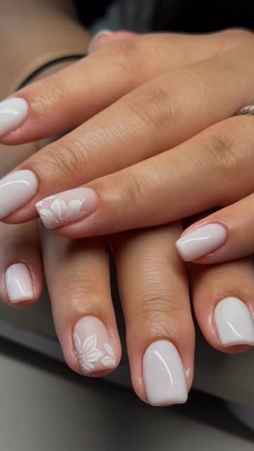 Milky white square nails with hand-painted white florals